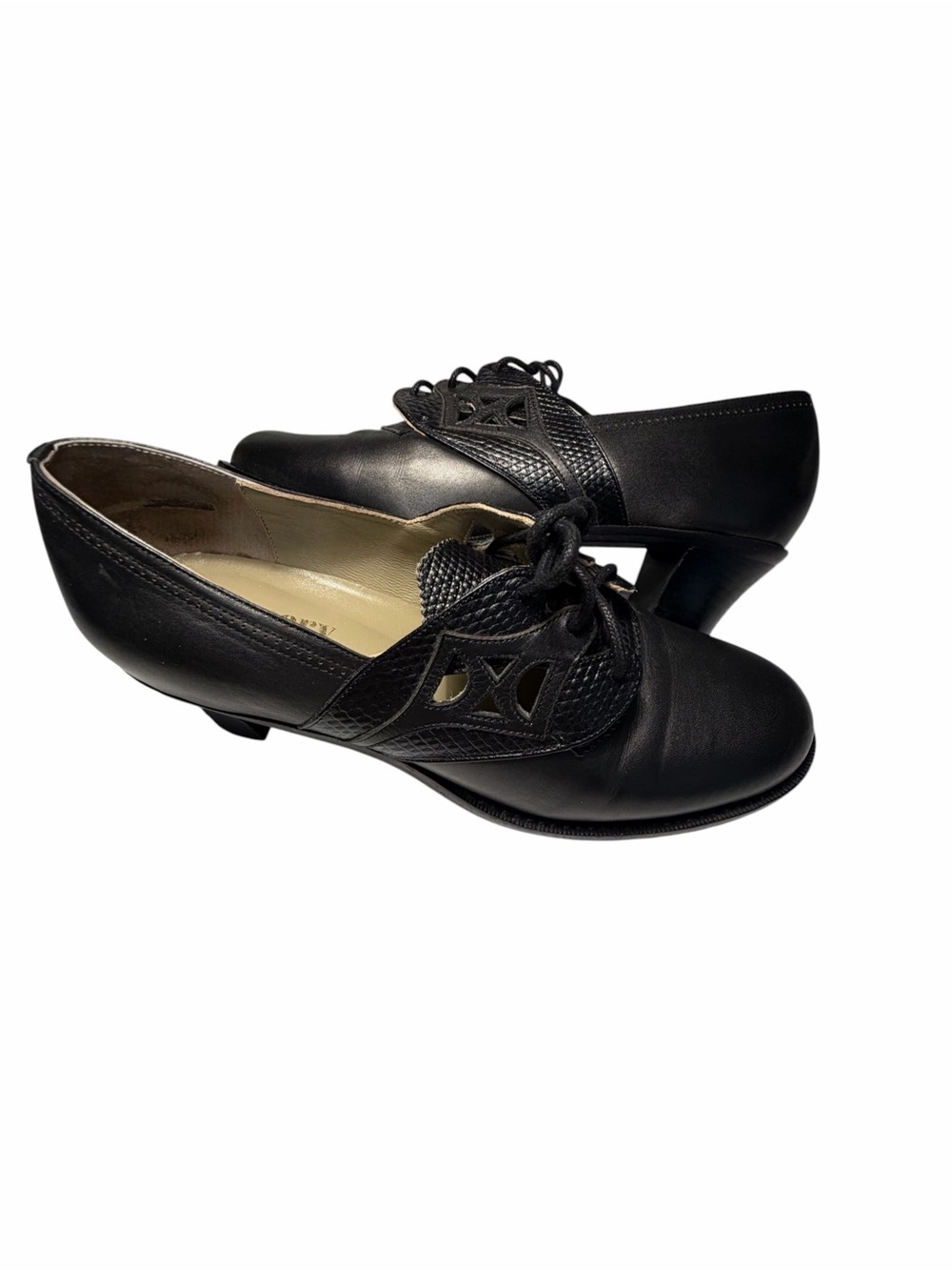 Memery Leather Oxford Classic Black Lace-Up 1940's Women's Heels Sz 39